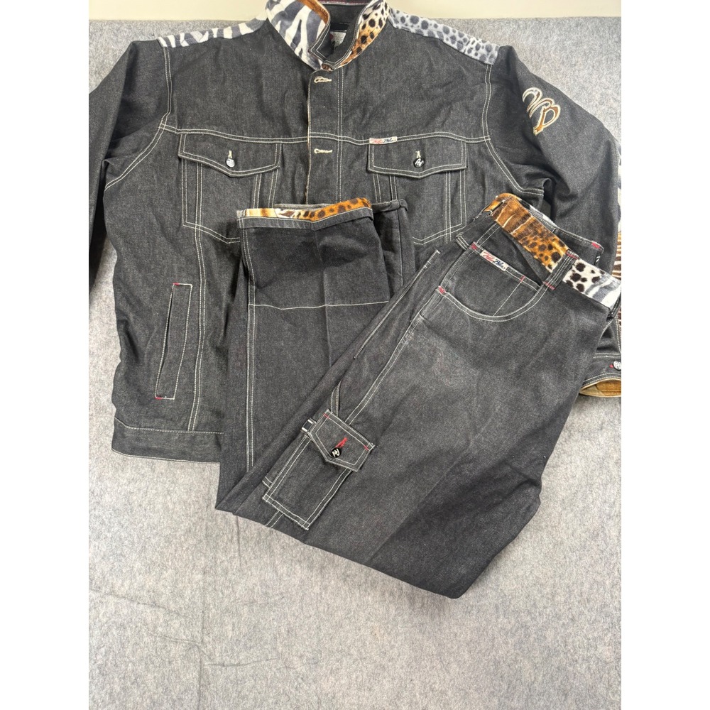 Raw Blue Denim Jacket Mens 2XL Black Cotton Animal Print Mixed Media Streetwear